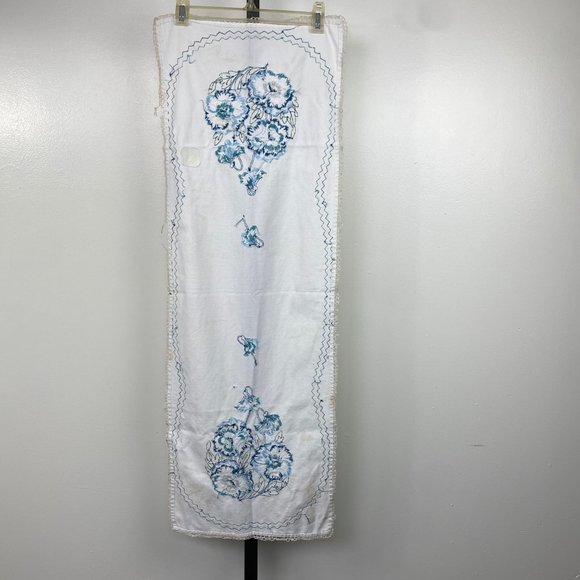 Vintage Shades of Blue Embroidered Table Runner 13" X 37" - Picture 7 of 12